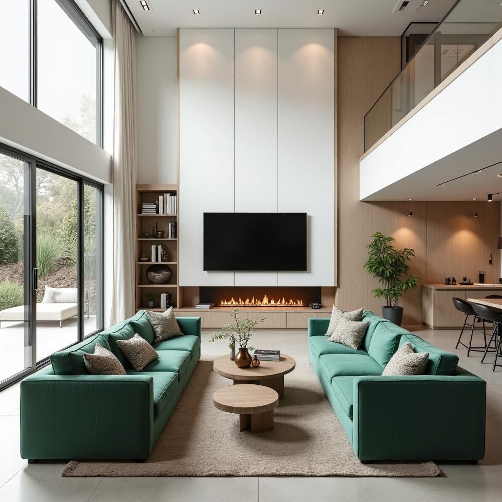 Modern Living Room with Emerald Green Sofas