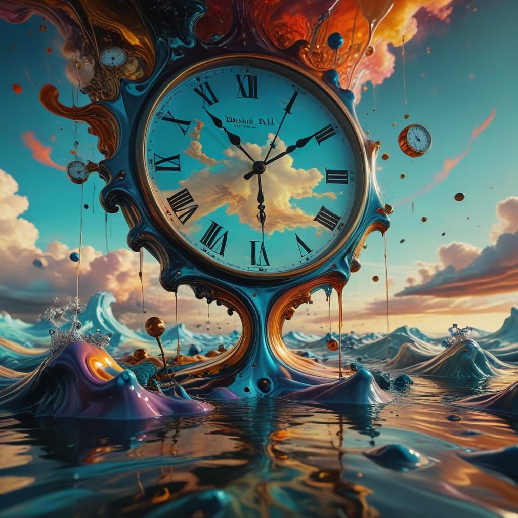 Surreal Melting Clocks Scene in Vibrant Oil Painting Style