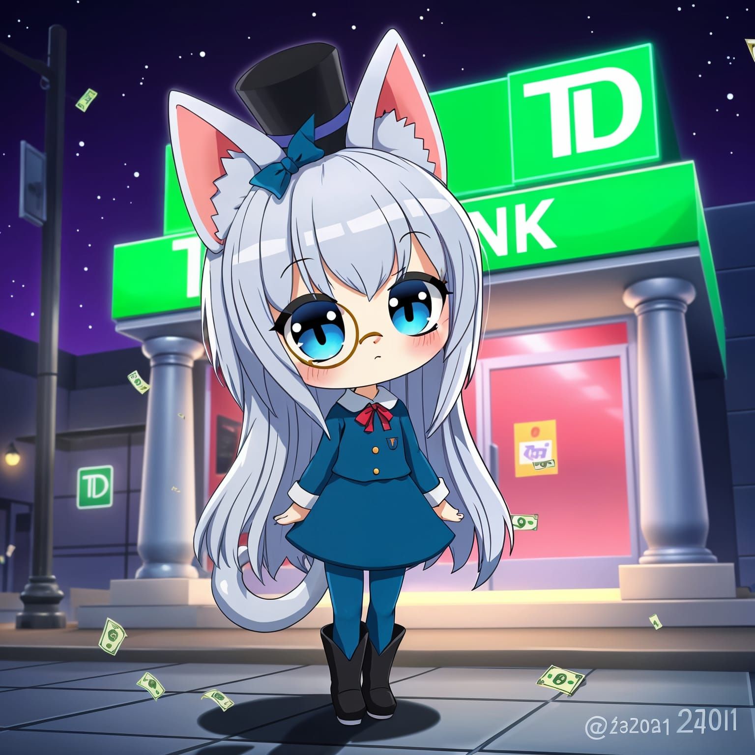 Anime Catgirl in Synthwave Style at Bank