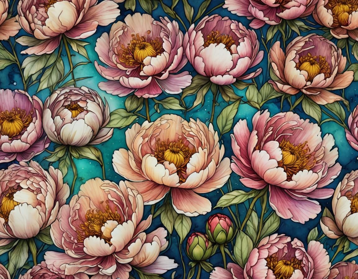 Peonies in Watercolor and Ink with Alcohol Ink Splashes