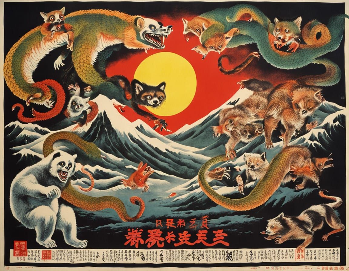 Grotesque Eastern Hybrid Creature Terrorizes on a 1960s Japa...