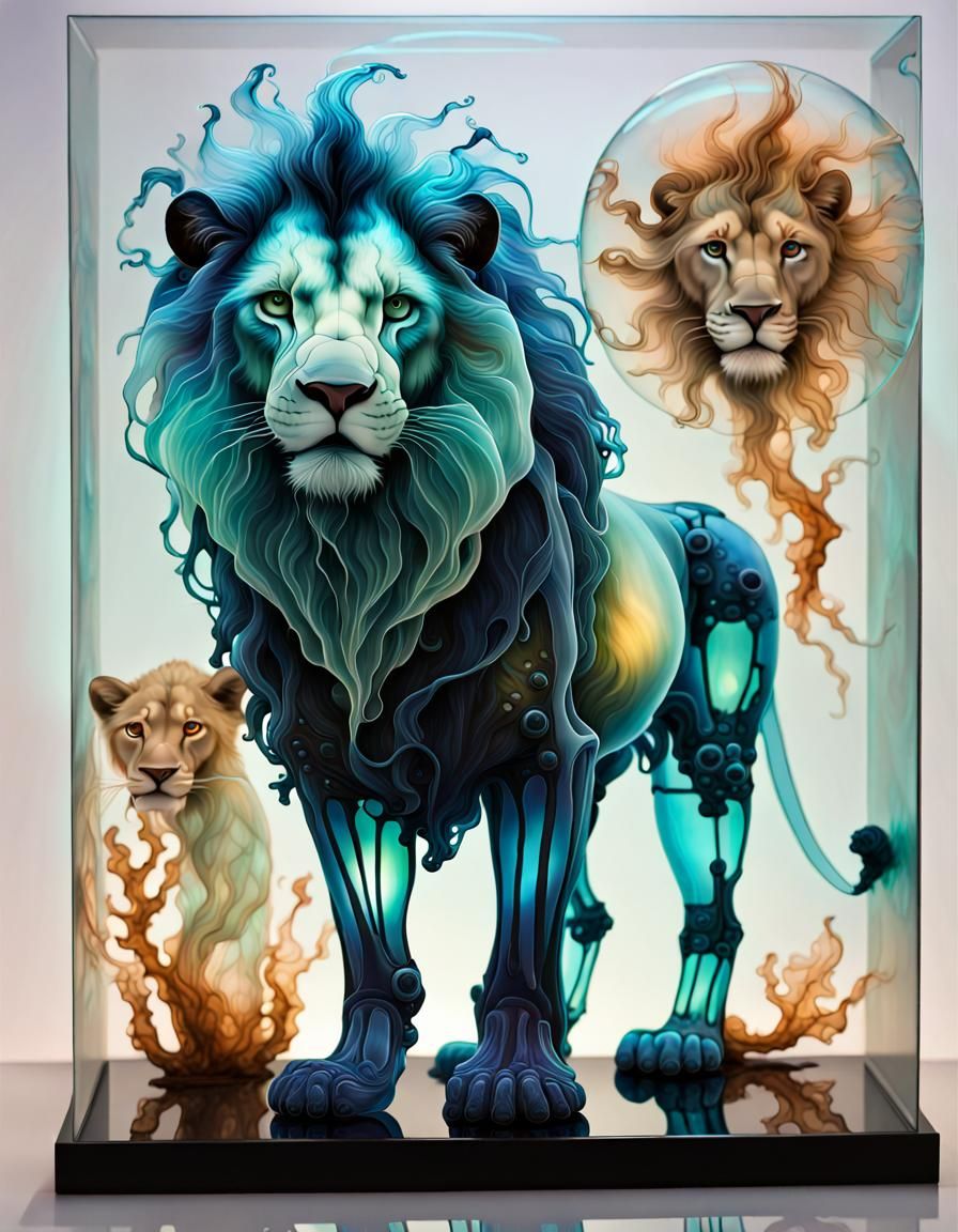 Surreal Bioluminescent Lion in Alcohol Ink Style