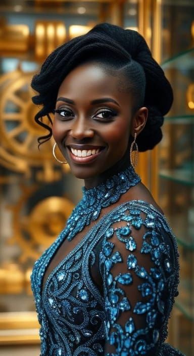 Smiling Woman in Balenciaga Gown with Diamonds