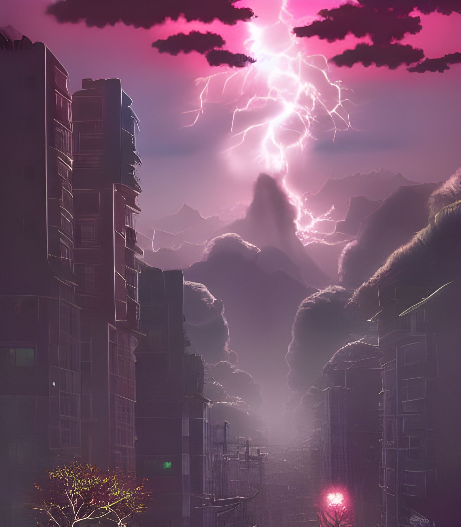 Naturepunk City Under Stormy Skies in Pastel Colors