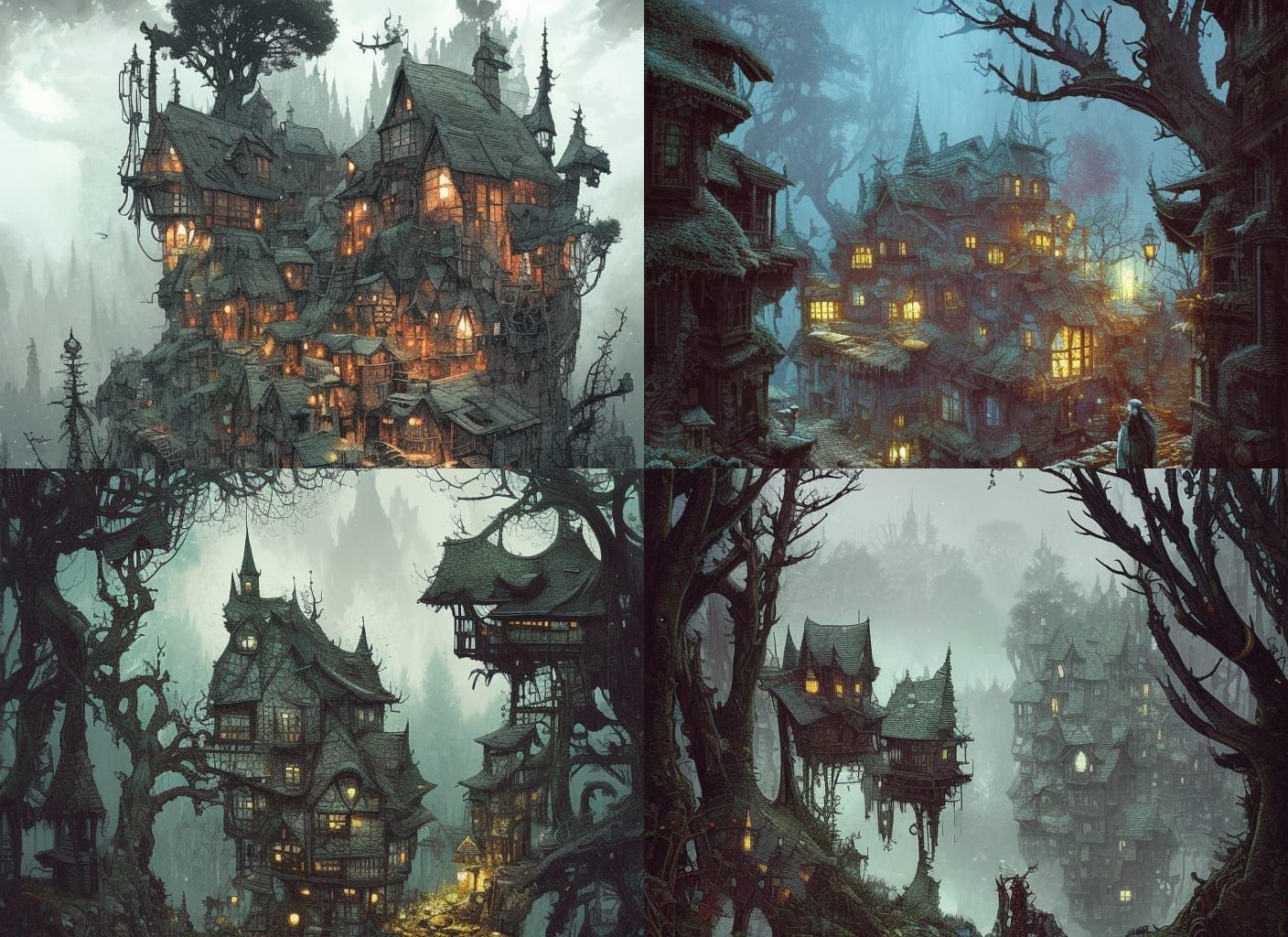 Dark Forest Village Watercolor Splash Art