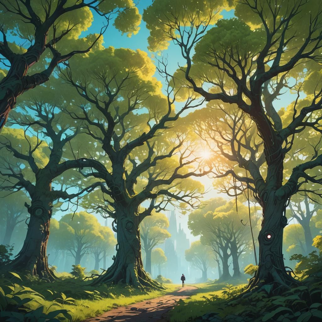 Glowing Tree Dividing Paths in Surreal Landscape