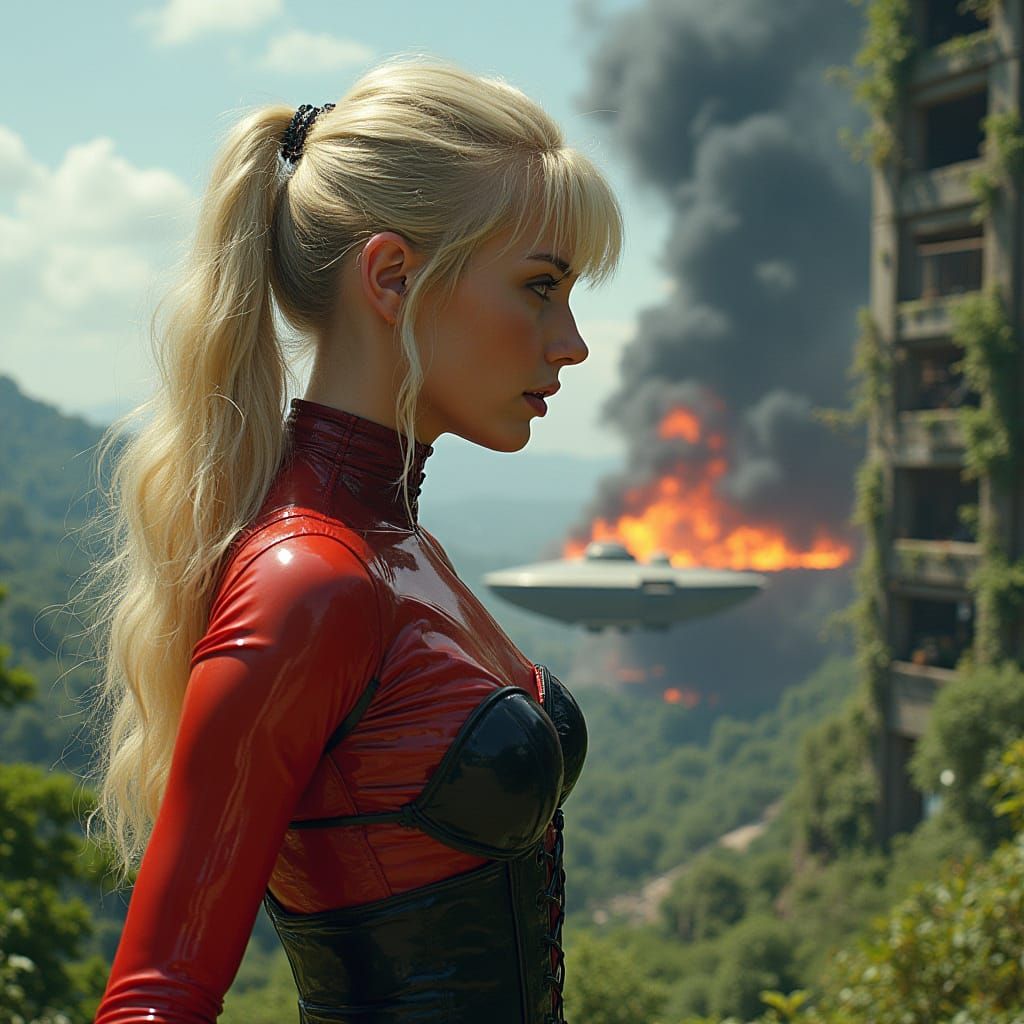 Woman Horrified by Burning Spaceship in Lush Jungle Planet