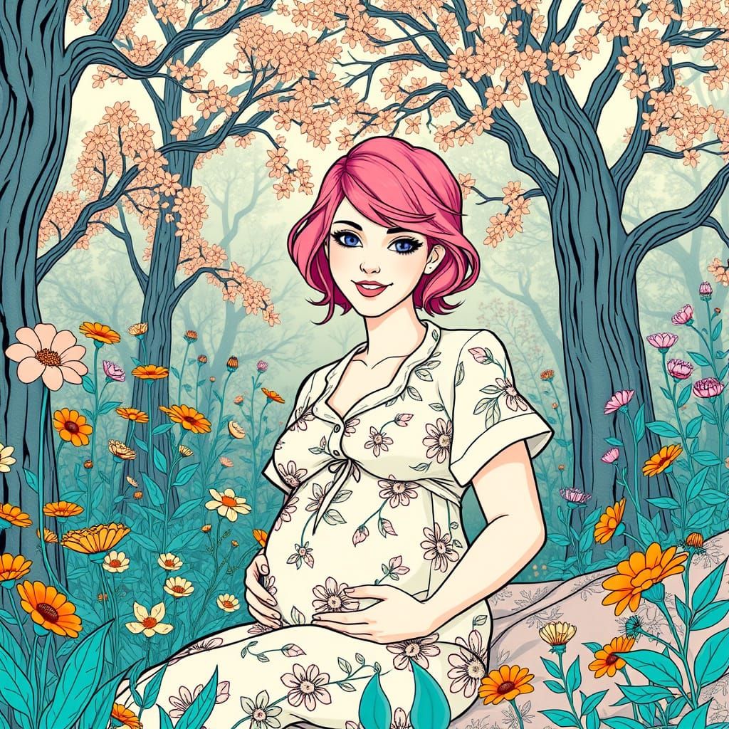 Ethereal Garden Scene in Art Nouveau-Inspired Black and Whit...