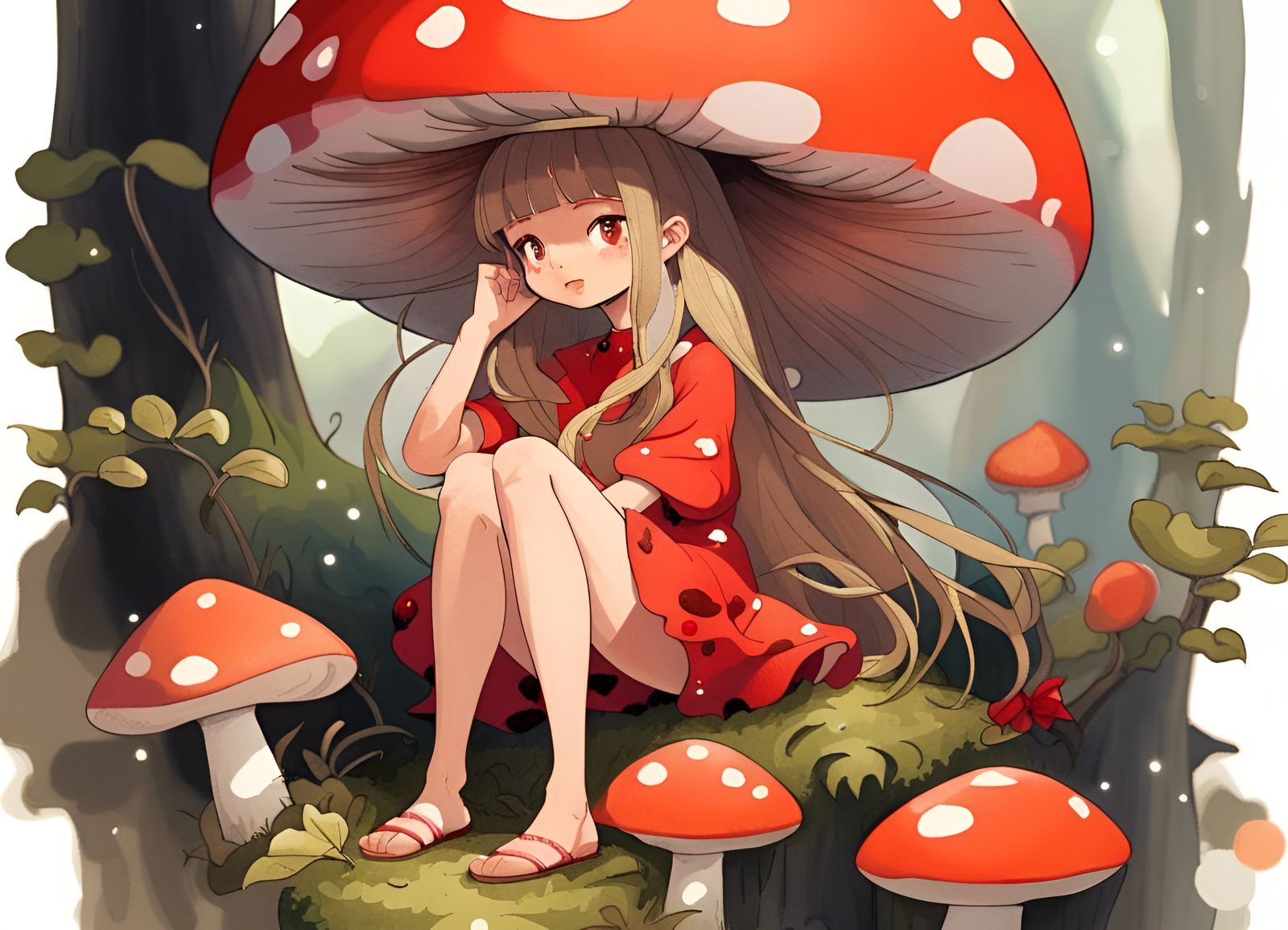 Mushroom Girl in Mossy Landscape: Watercolor Painting