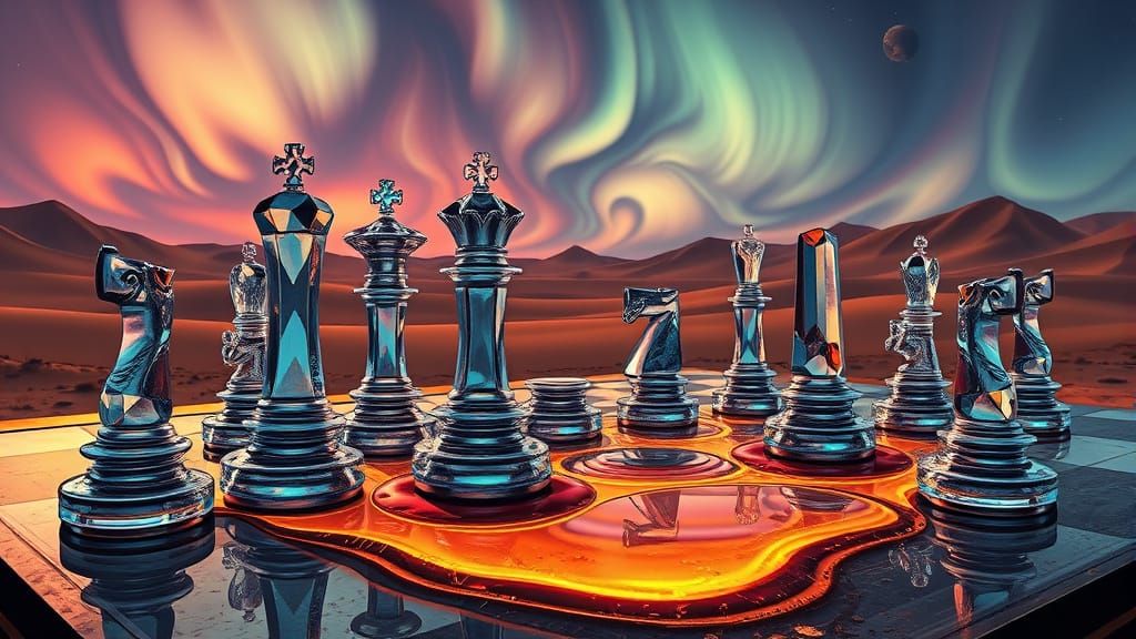 Melting Crystal Chess in Surreal Desert Landscape