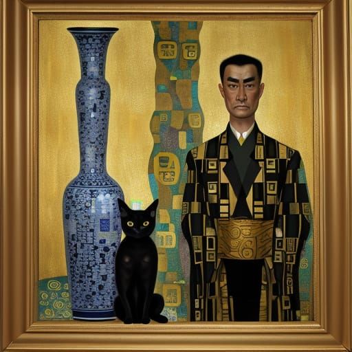 A Siamese cat standing next to a tall Ming vase. Gustav Klim...