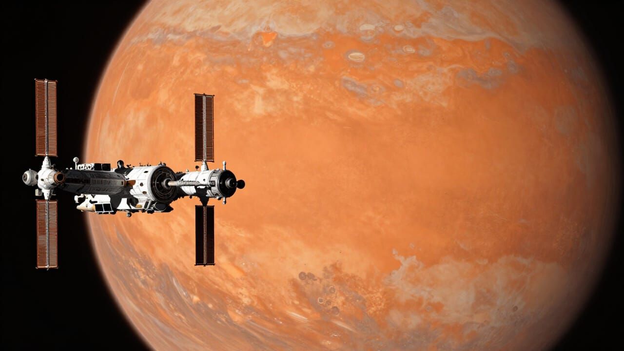 Retro-Futuristic Space Station Hovers Over Orange Planet