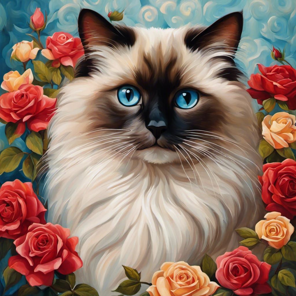 Ragdoll Cat Surrounded by Roses in Art Deco Style