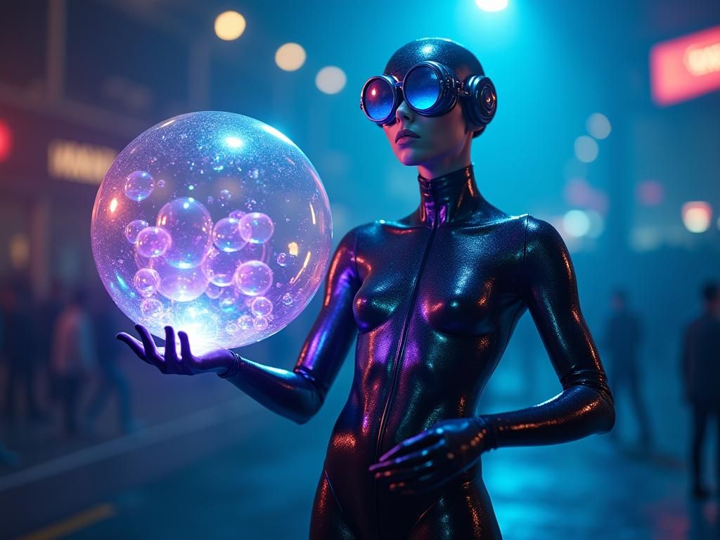Cyberpunk Juggler with Luminous Bubbles in Steampunk Arena