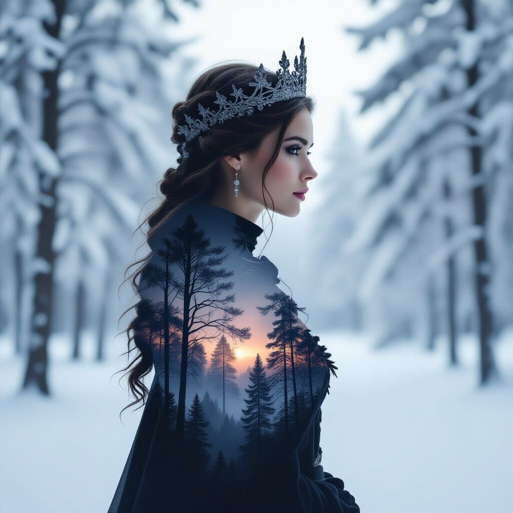 Nordic Queen Silhouette With Forest Double Exposure