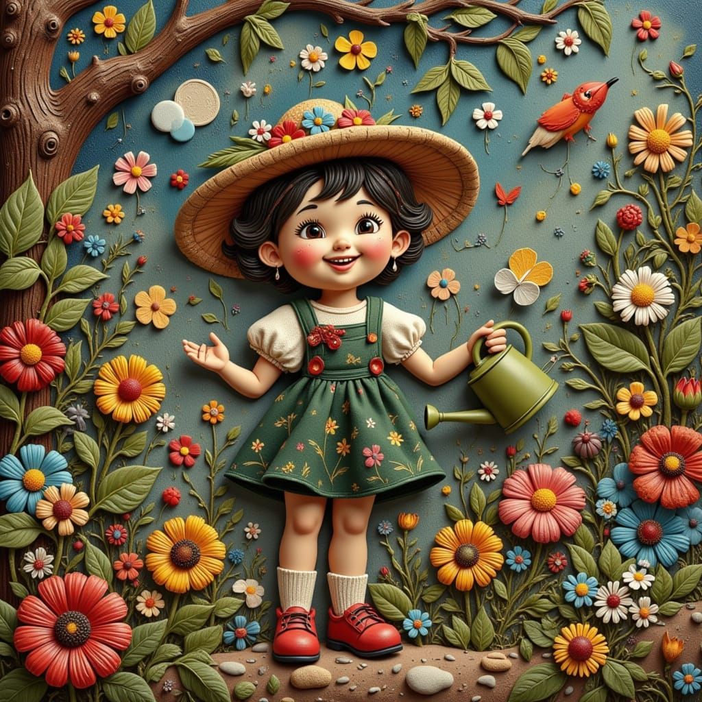 Ecstatic Gardener Child in Claymation Botanical World