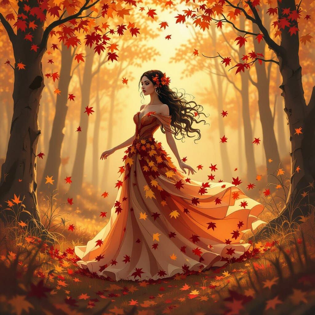 Autumn Forest Spirit in Flowing Leaf Gown