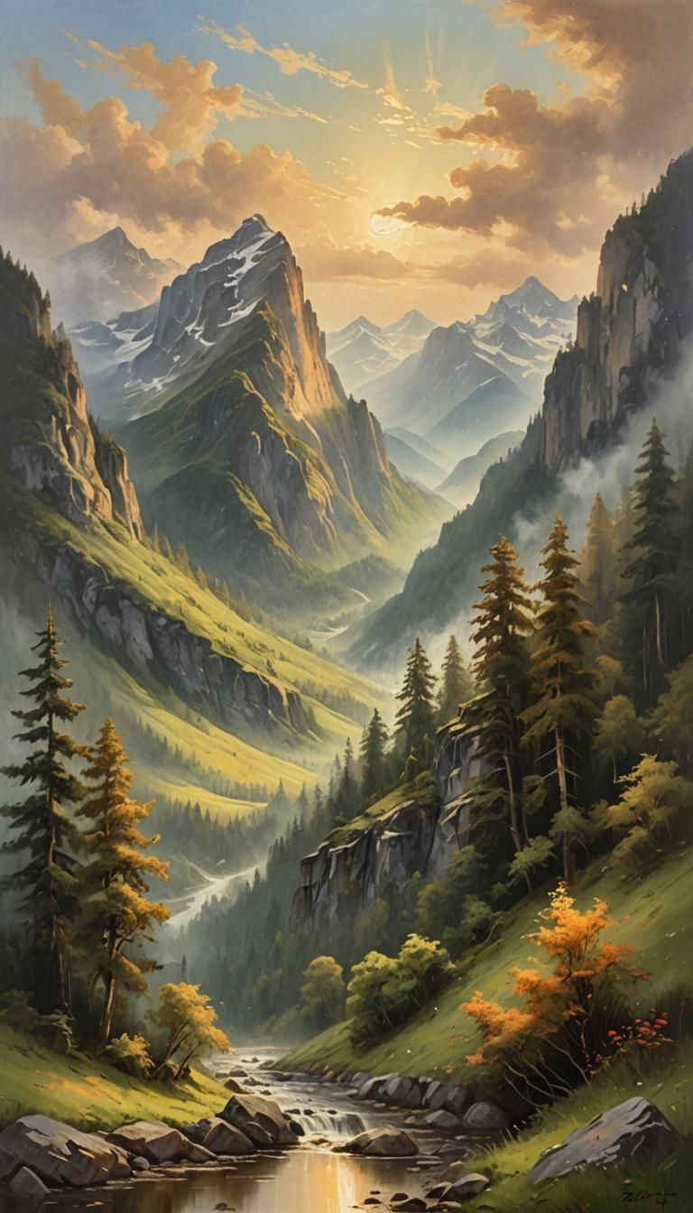 Majestic Mountain Landscape in Impressionist Oil Painting