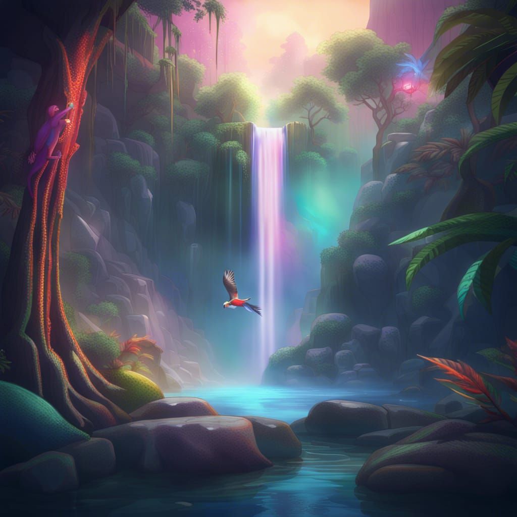 Lush Jungle Waterfall with Colorful Bird in Futuristic Style