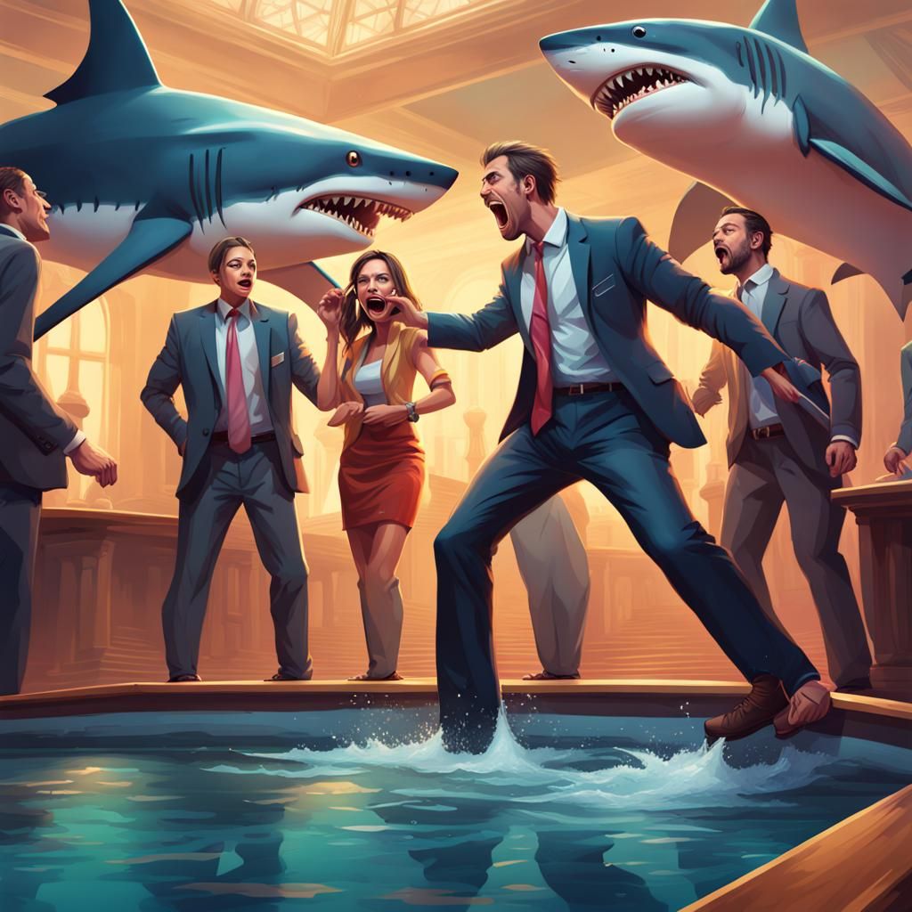 Hyperrealistic Lawyers Play Shark Limbo