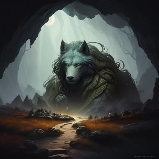 Godly Figure at Cave Opening: Ethereal Concept Art