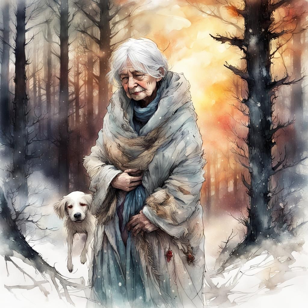 Old Woman in Dark Forest: Digital Watercolor Illustration
