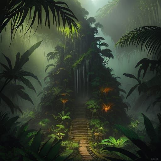 Dark Amazon Jungle With Ancient Tribes, Digital Matte Painti...