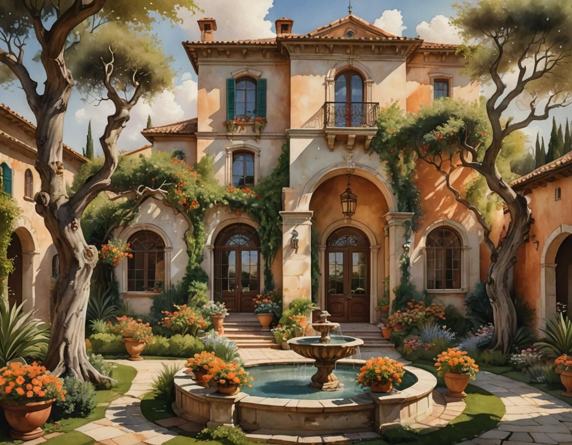 Dreamy Italianate Villa in Watercolor Style