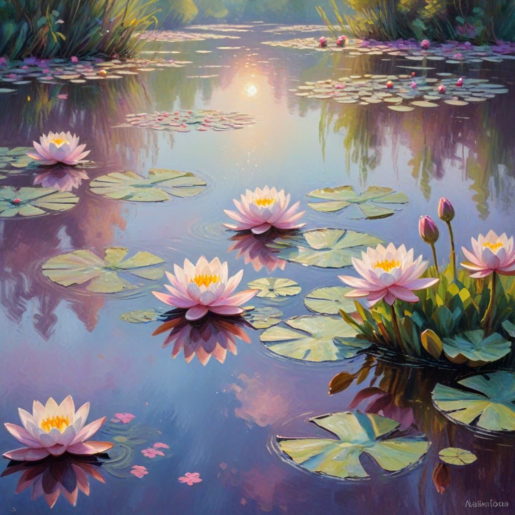 Serene Water Lilies in Soft Focus, Impressionist Oil Paintin...