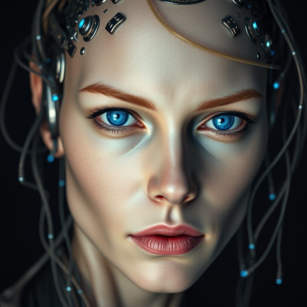 Cyberpunk Woman with Advanced Brain Implant in Close-Up