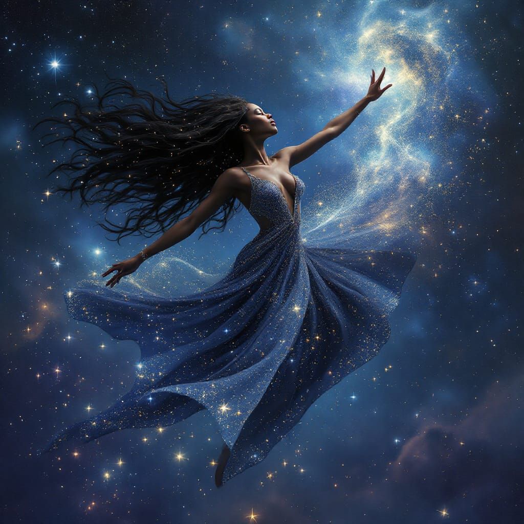 Celestial Black Goddess Dances Across Starry Sky