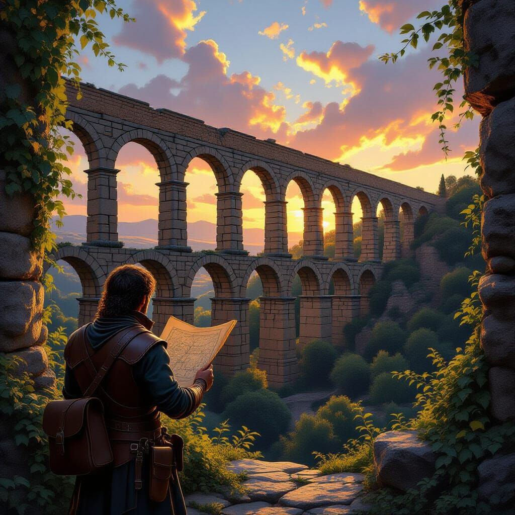 Roman Aqueduct at Dusk with Explorer in Golden Light