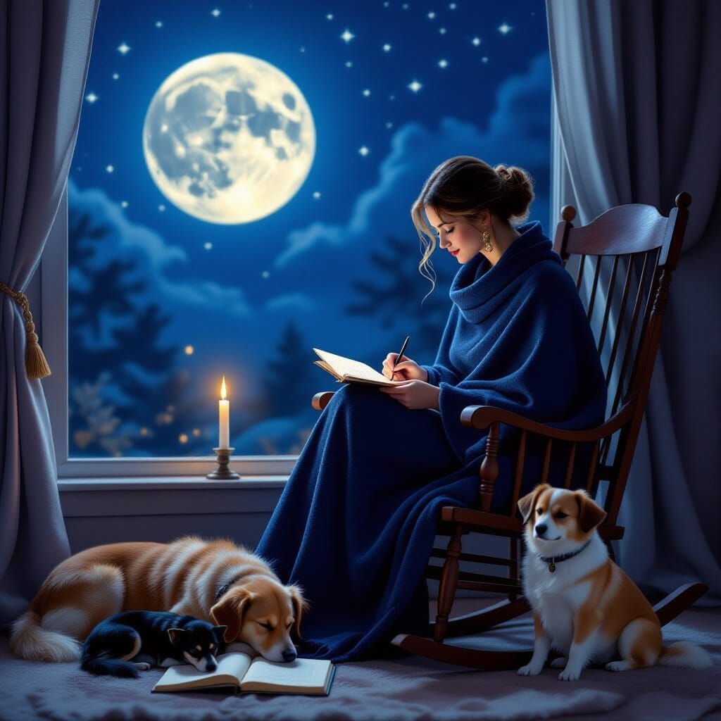 Moonlit Night Scene: Lili Writes by Candlelight with Dogs