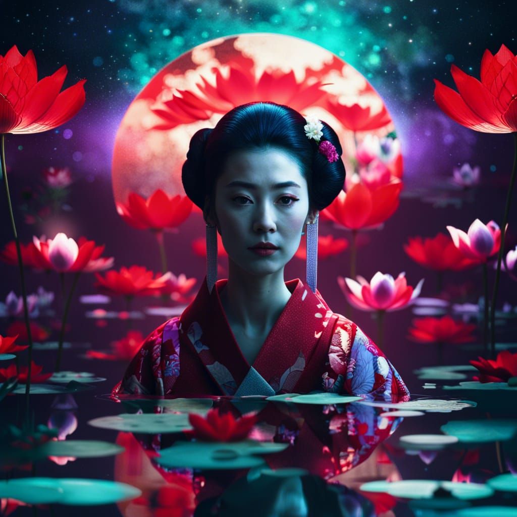Geisha Reflecting in Lotus Pond: Hyperrealistic Digital Art
