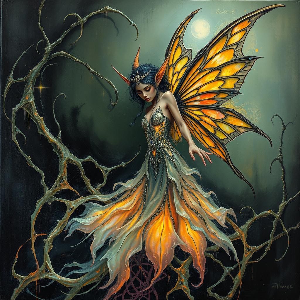 Swamp Elf Fairy in Abstract Impasto Metal Art