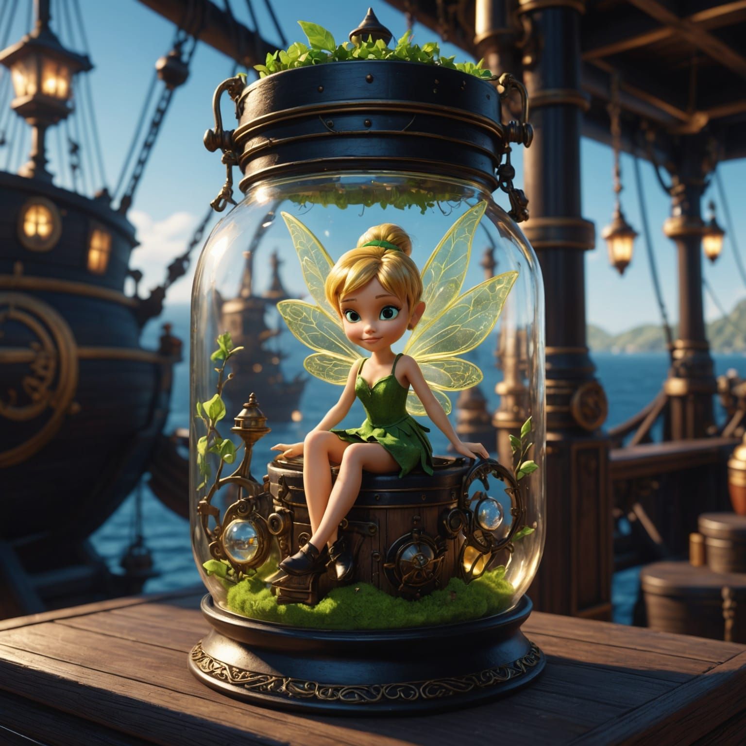 Goth Tinkerbell in Steampunk Pirate Scene, 8K 3D