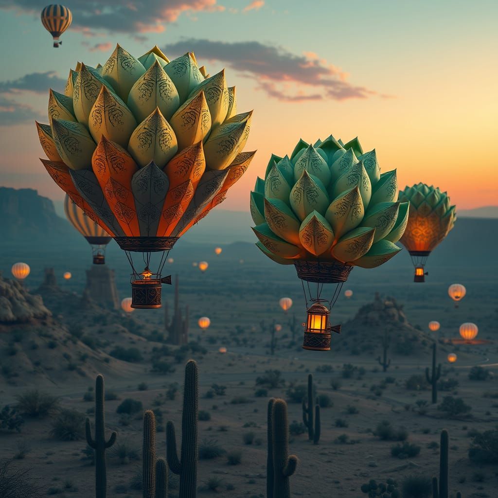 Vibrant Desert Dreamscape with Succulent-Shaped Hot Air Ball...