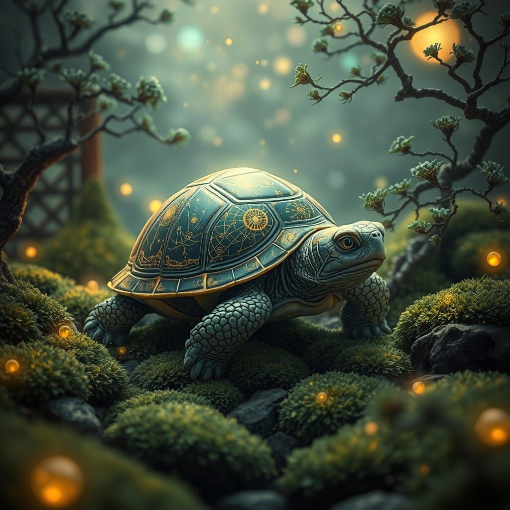 Celestial Turtle in Zen Garden: Art Nouveau Digital Painting
