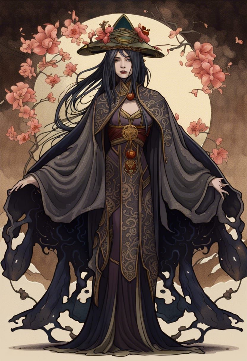 Art Nouveau Shinto Priestess in Dark Fantasy Style
