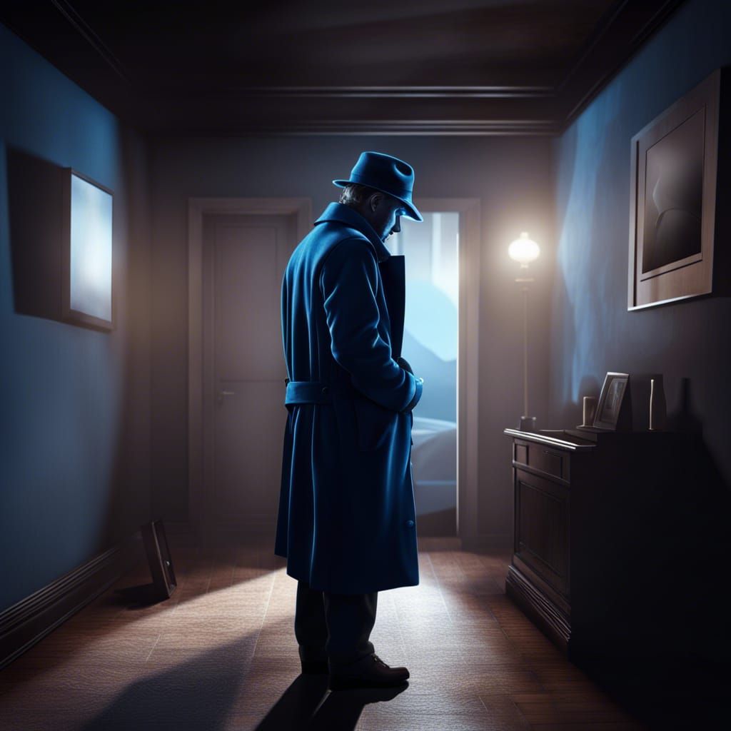 Glowing Blue Man in Noir Fantasy Bedroom