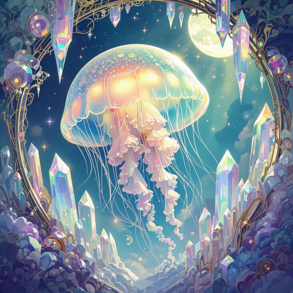 Bioluminescent Jellyfish in Extraterrestrial Art Nouveau Lan...