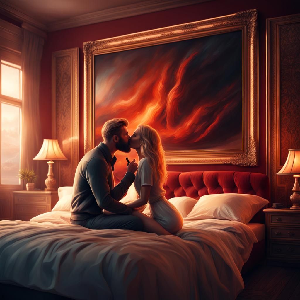 Romantic Kiss in Bedroom: Cinematic Digital Art