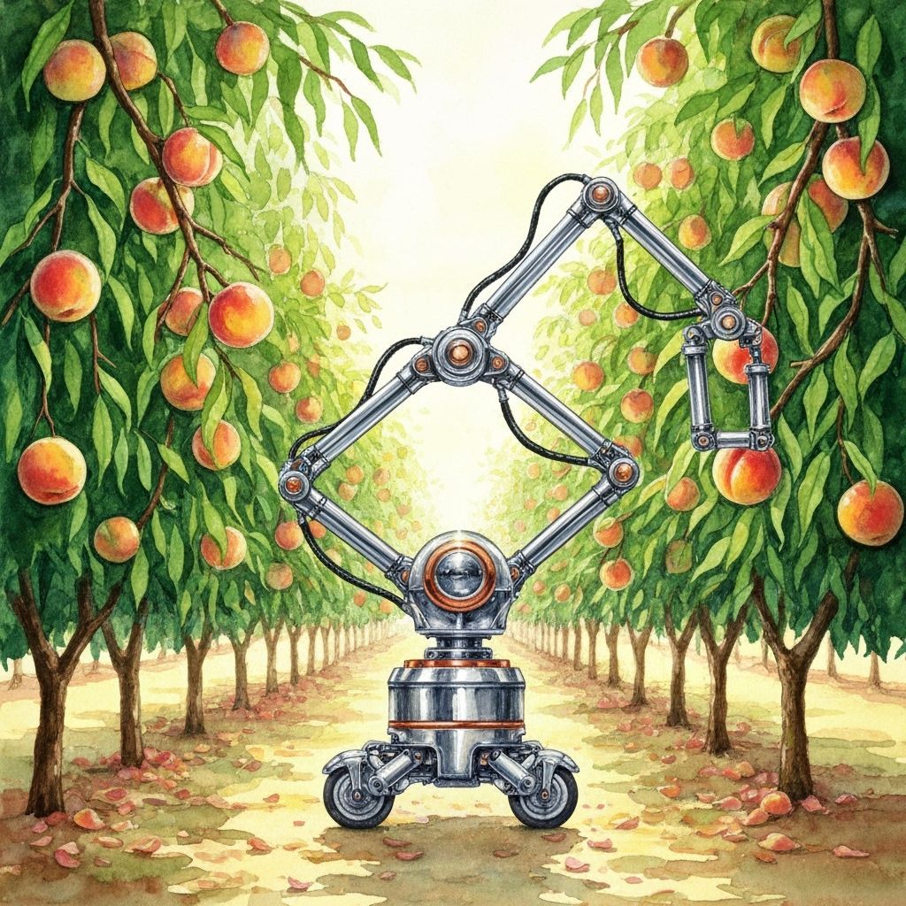 Robot Picking Peaches in Golden Hour Watercolor