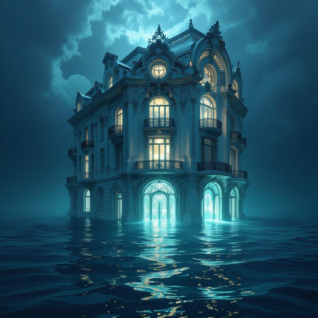 Ornate Art Nouveau Building Submerged in Mysterious Sea