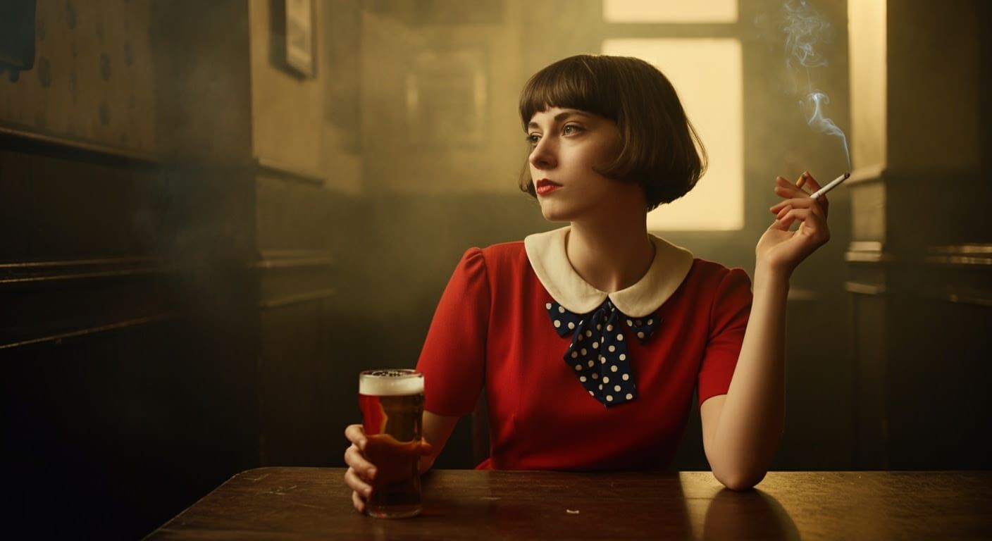 Red Dress Woman in Smoky Pub with Beer and Cigarette