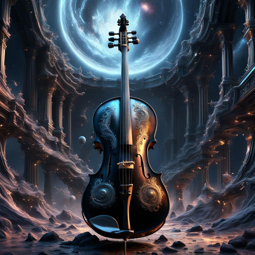 Black and Platinum Cosmic Cello: Detailed Matte Painting
