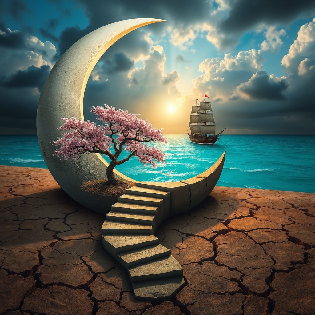 The image is of a broken Crescent Moon sitting on drought dry cracked earth.  Stairs lead from the dry earth to the brok...