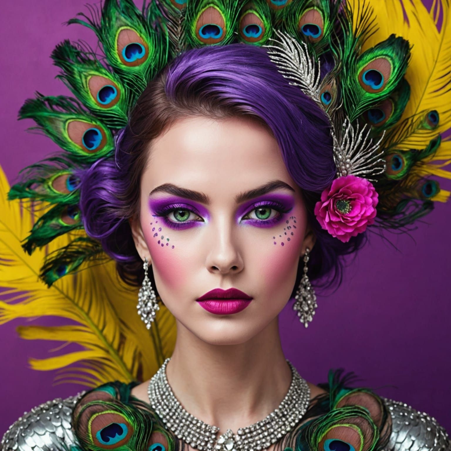 Woman with Peacock Hair in Abstract Art Style