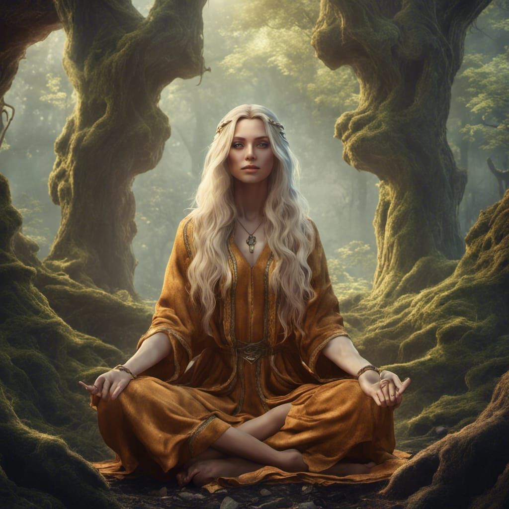 Fantasy Female Wizard Meditating in Forest, Matte Painting