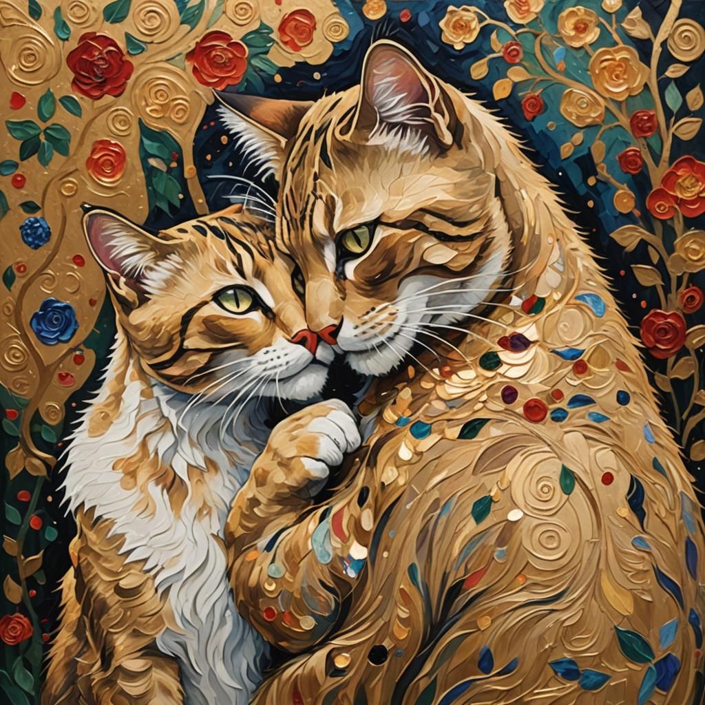 Cats' Kiss: An Impressionist Gouache Painting